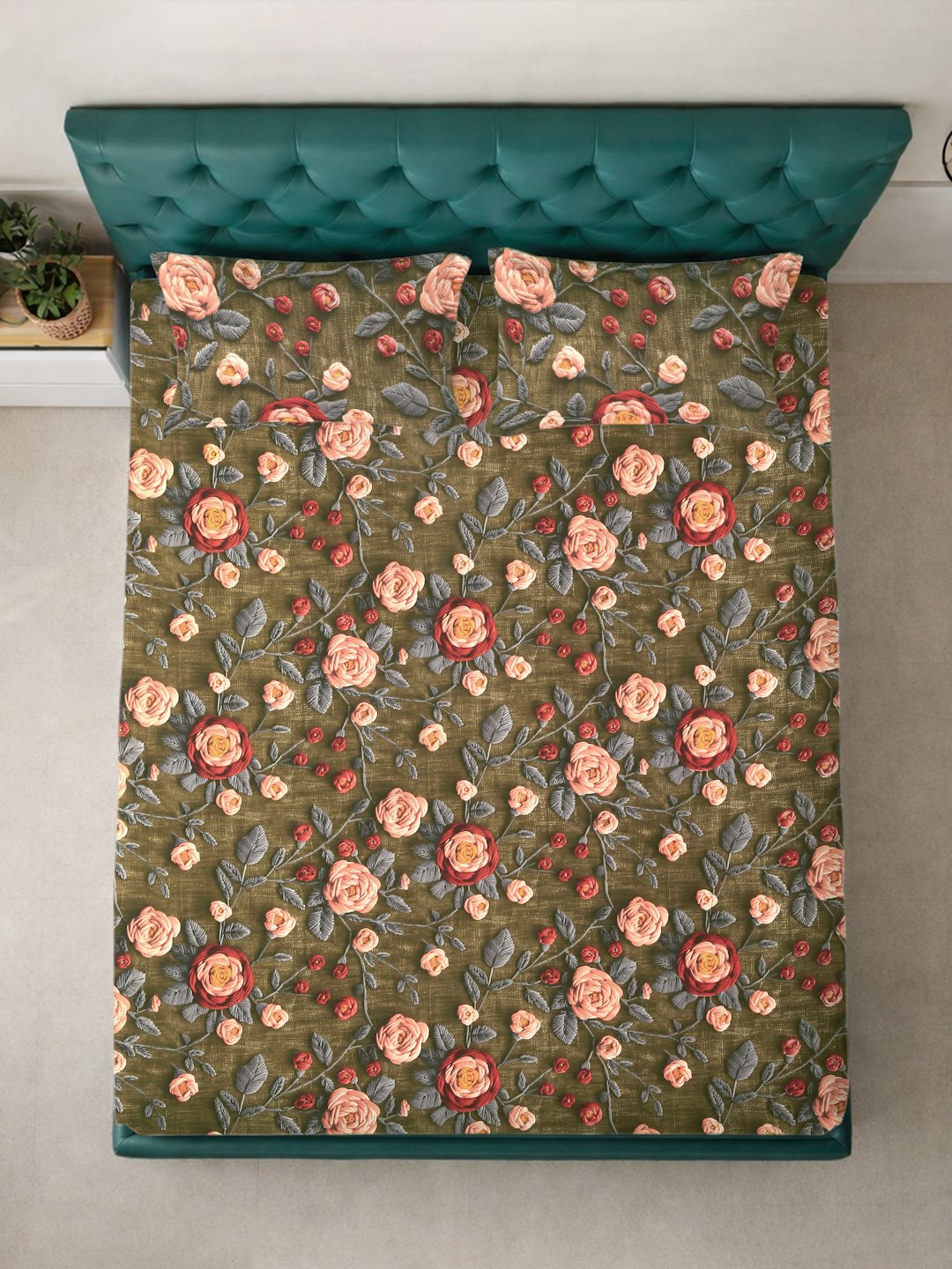Olive Floral 7D King Size Cotton Blend Fitted Double Bedsheet with 2 Pillow Covers