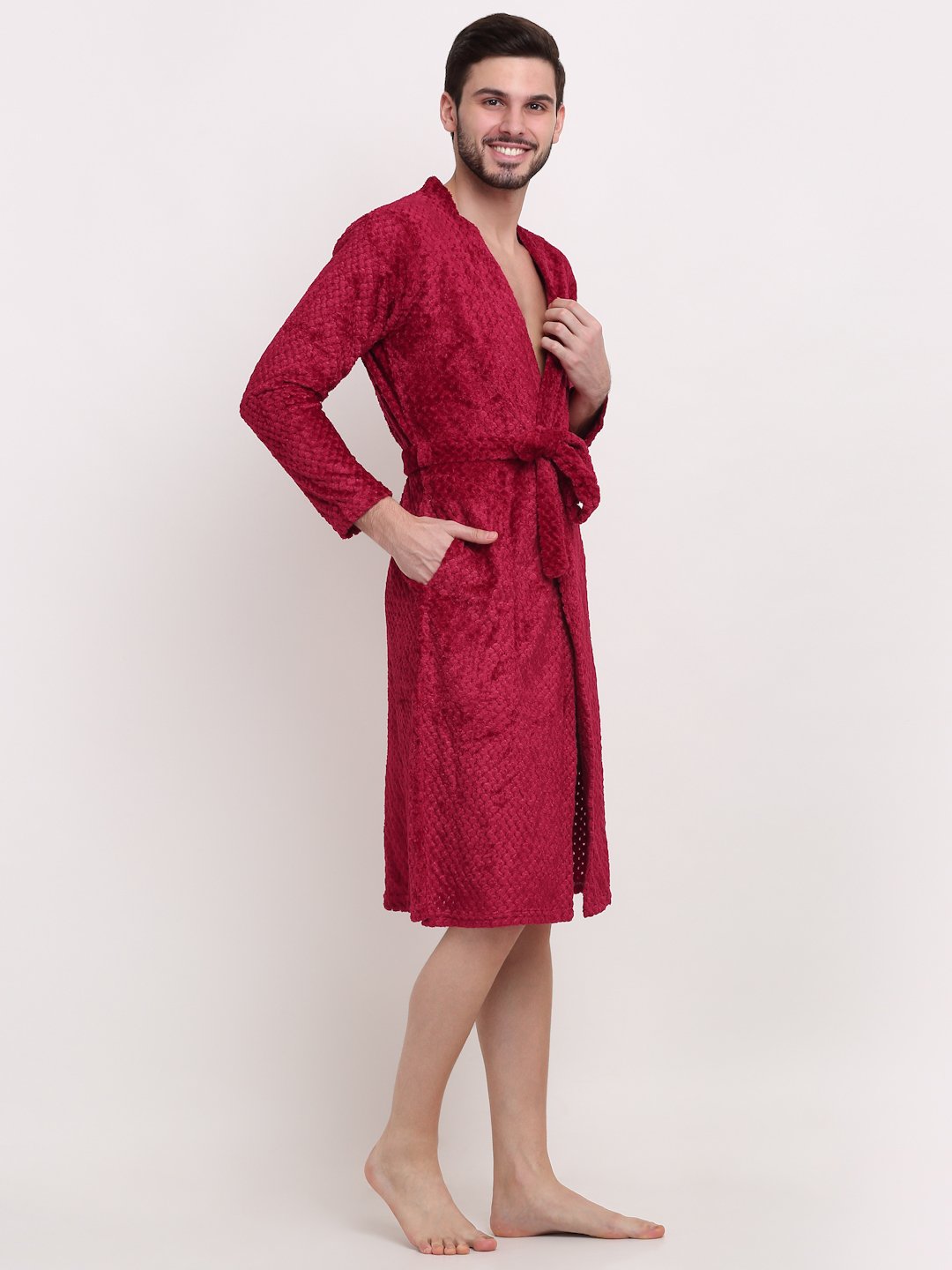 Men Red Self Design Wool Bath Robe With Belt