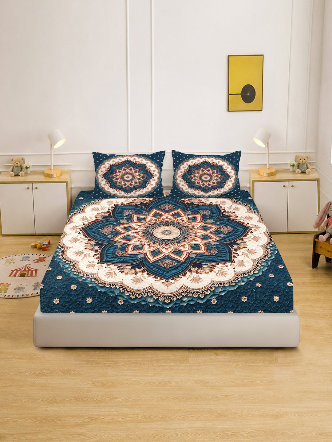 Digital Printed Blue Floral Cotton Blend Double Bedsheet with 2 Pillow Covers