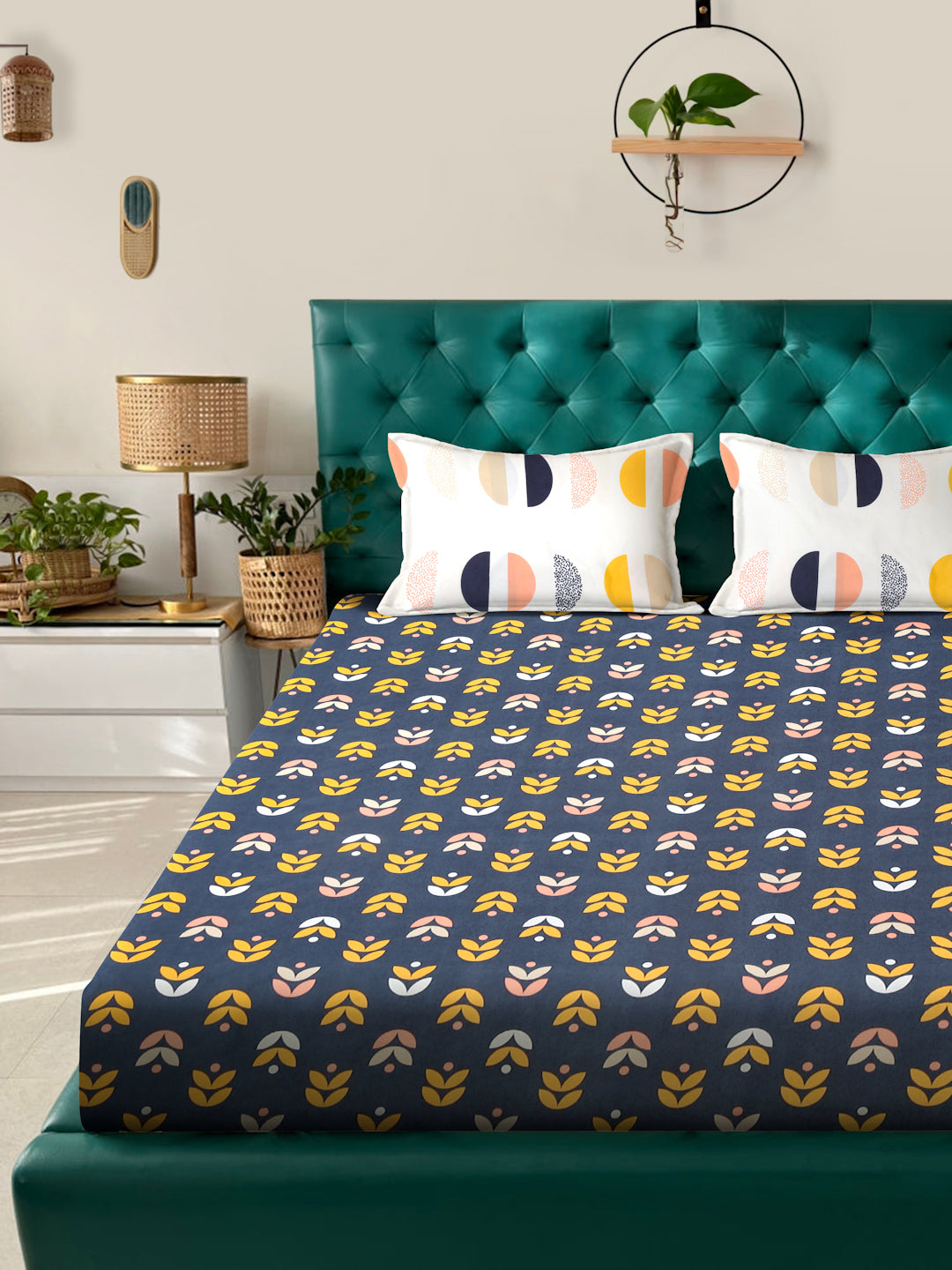 Klotthe Blue Floral 300 TC Cotton Blend Double Bedsheet in Book Fold Packing