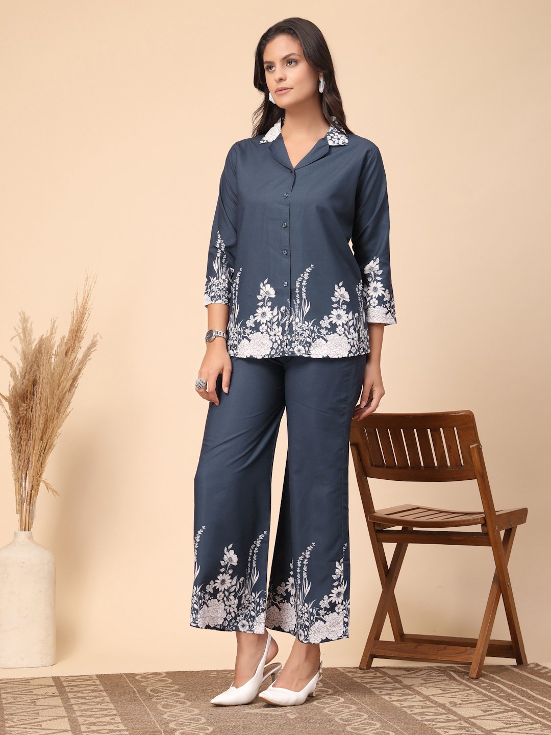 Blue Cotton Printed Shirt With Trousers Co-Ords Set