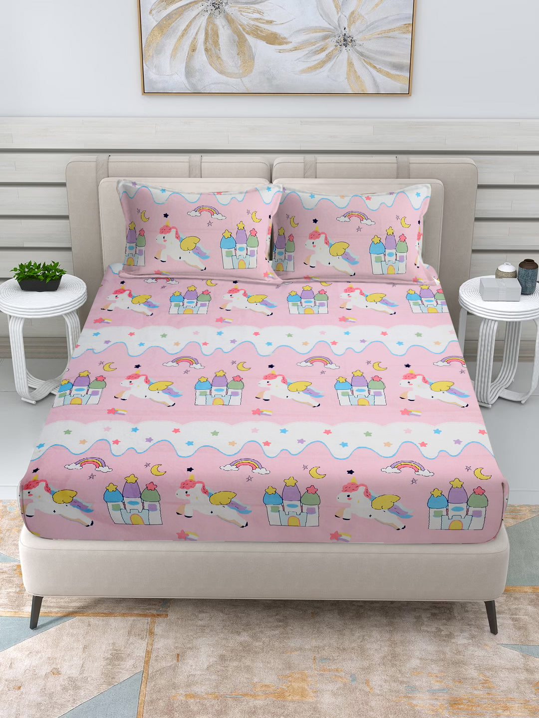 Klotthe Pink Cartoon Characters 300 TC Cotton Blend Double Bedsheet with 2 Pillow Covers