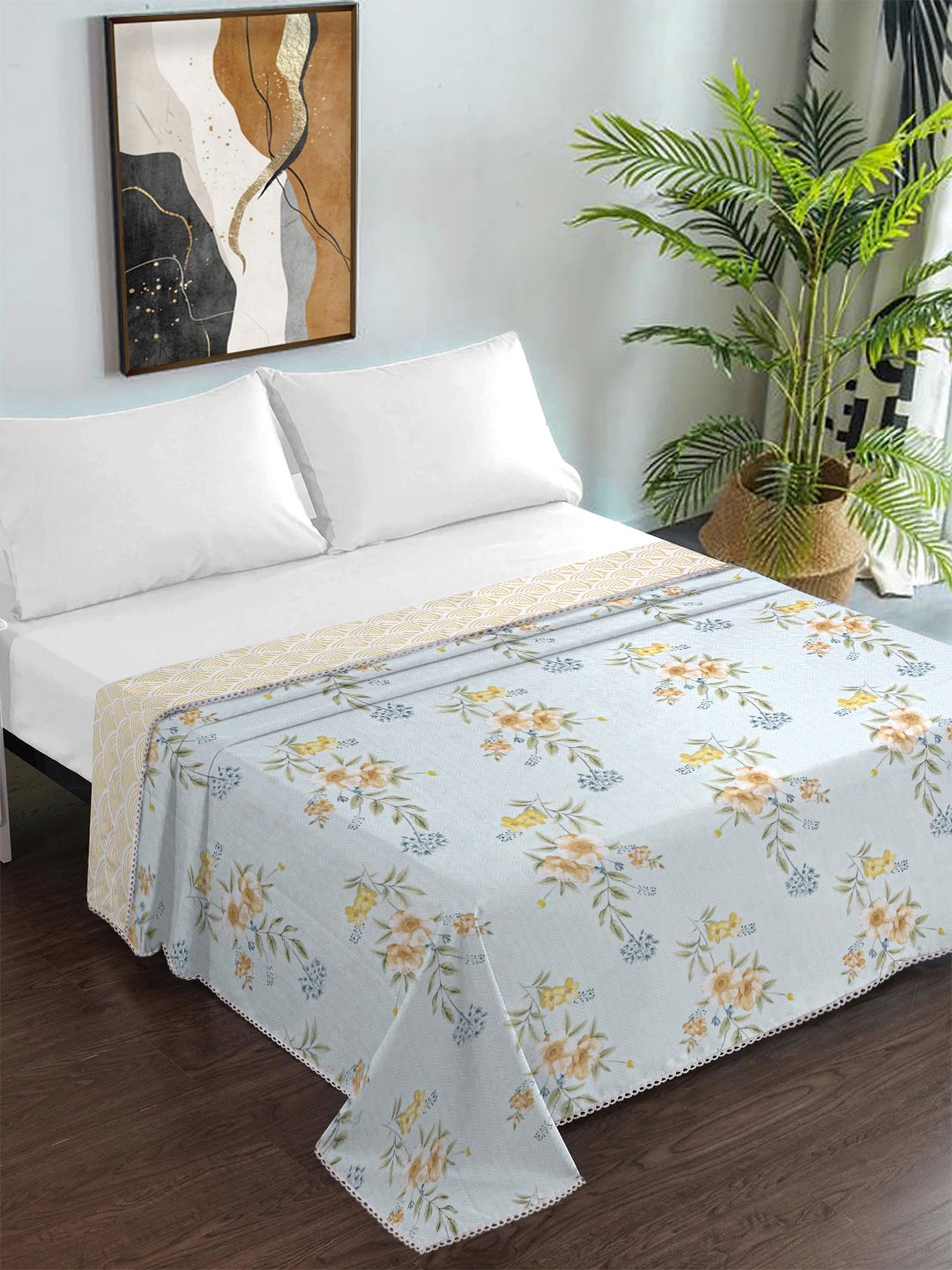 Grey Cotton Blend Floral Double Bed Dohar