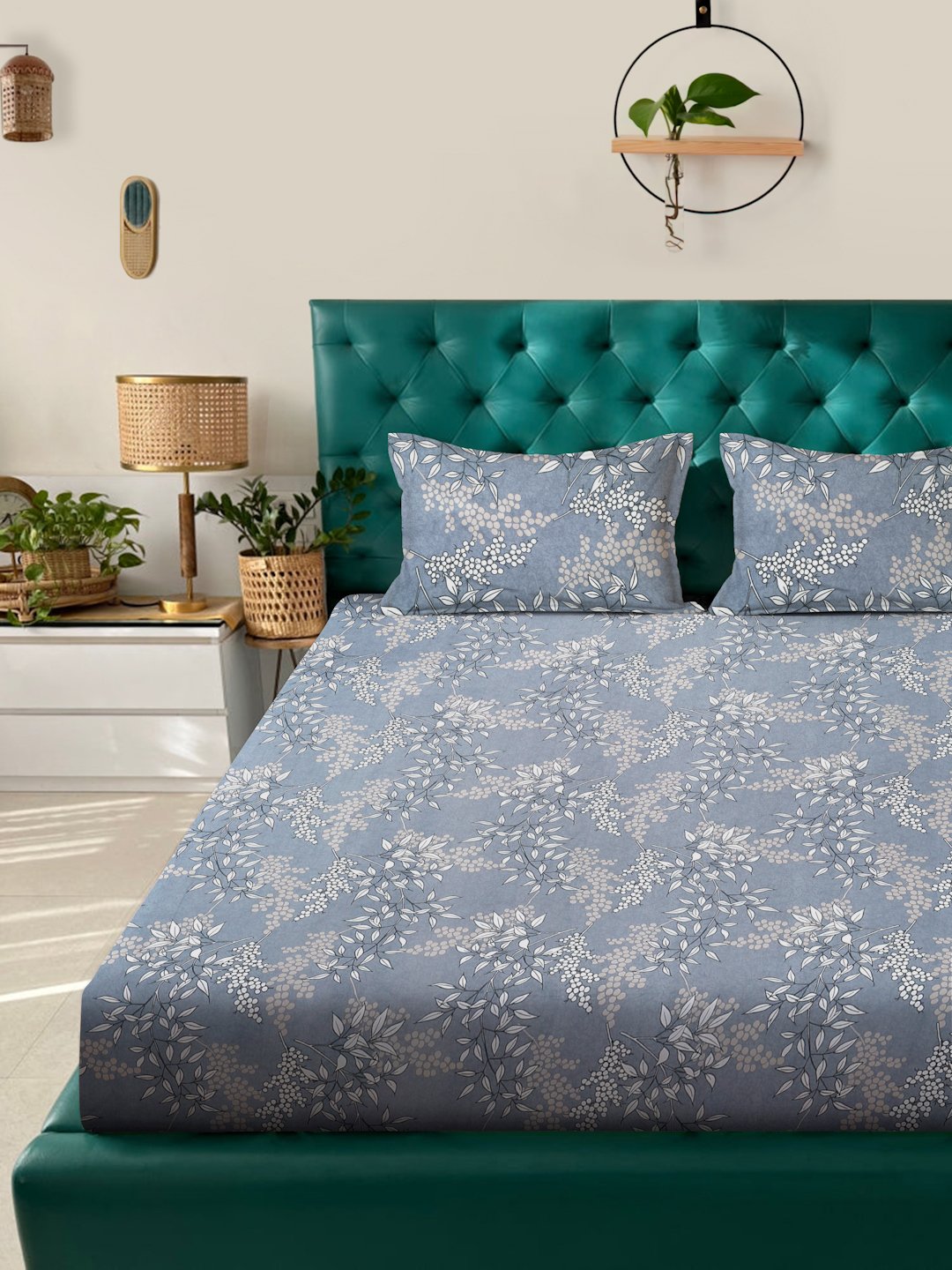 Grey Floral  300 TC Cotton Blend Fitted Double Bedsheet with 2 Pillow Covers