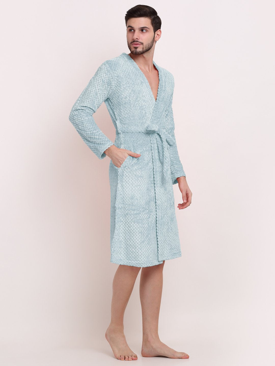 Men Turquoise Self Design Wool Bath Robe With Belt