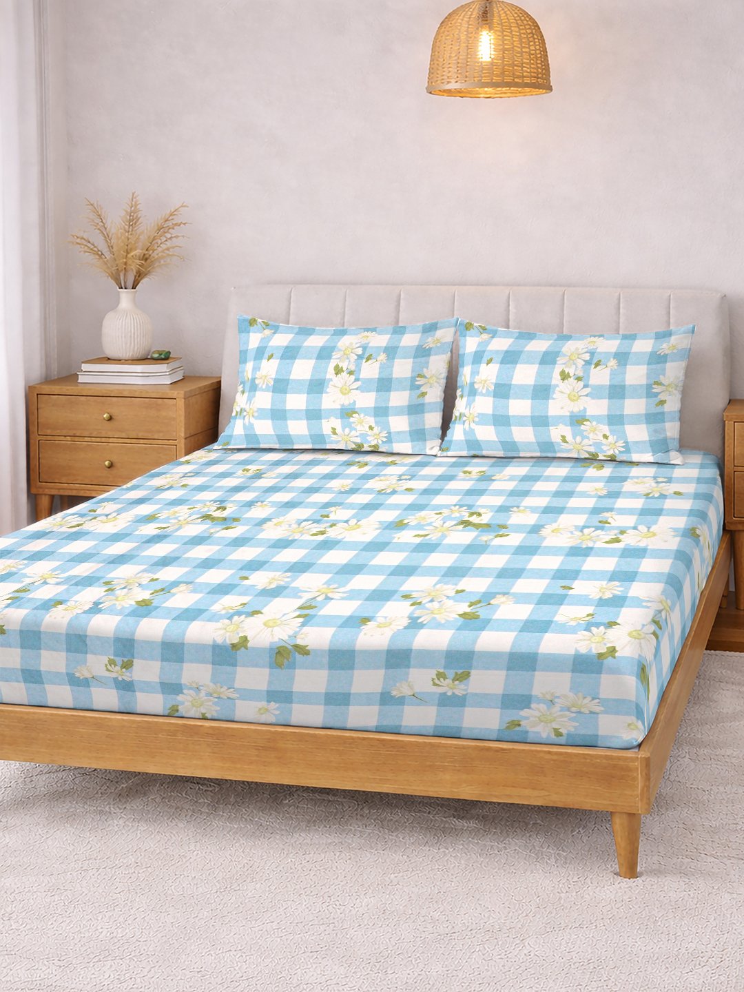 Blue Floral Cotton Blend Fitted Double Bedsheet with 2 Pillow Covers