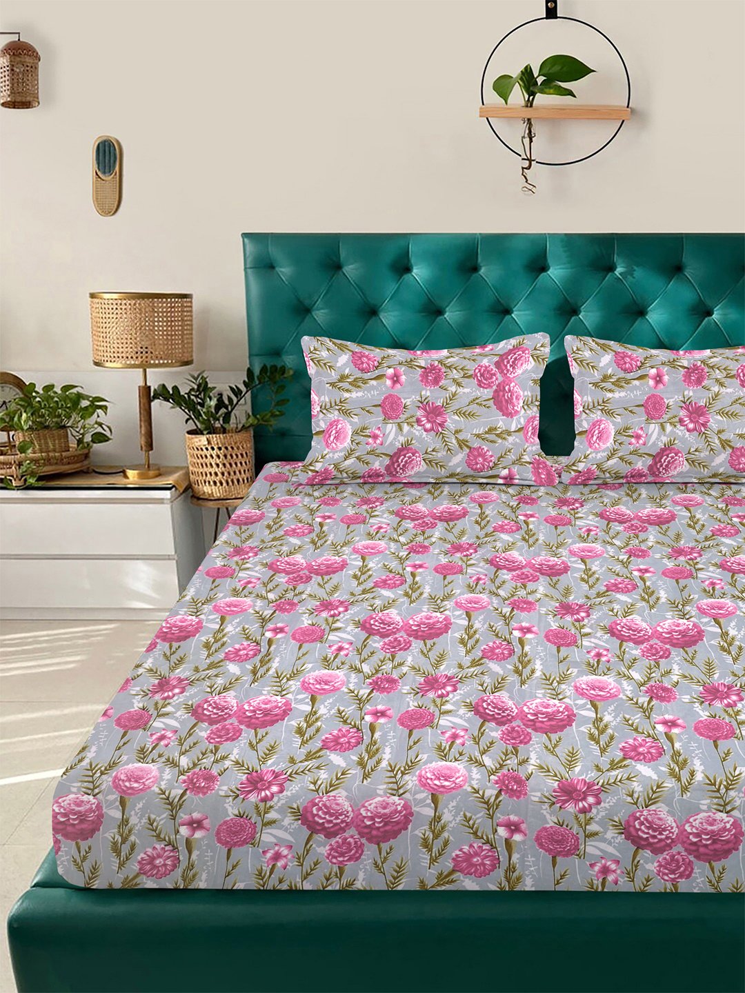 Pink Floral 300 TC Cotton Blend Fitted Double Bedsheet with 2 Pillow Covers