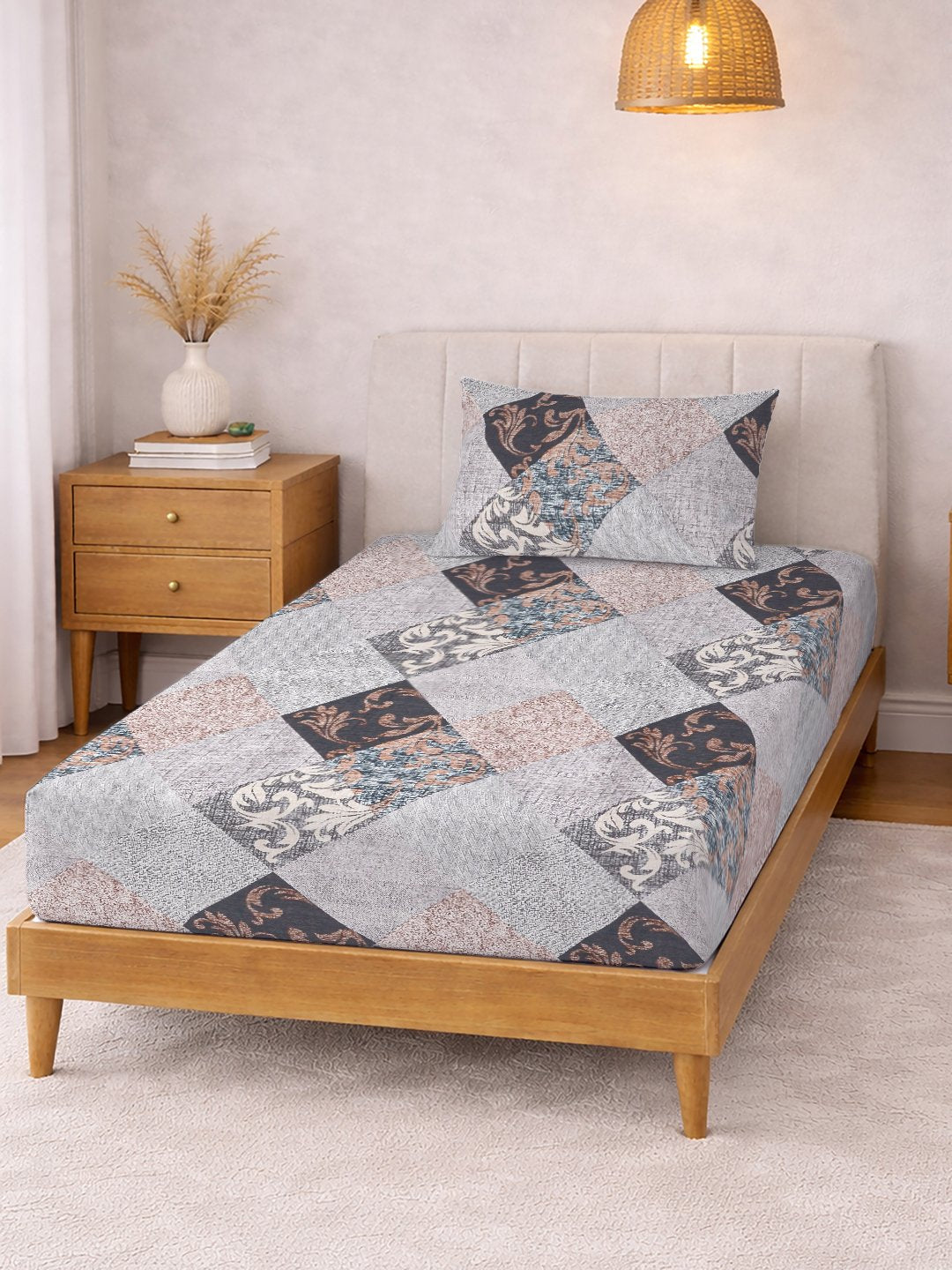 Multi Geometric Cotton Blend Fitted Single Bedsheet with Pillow Cover