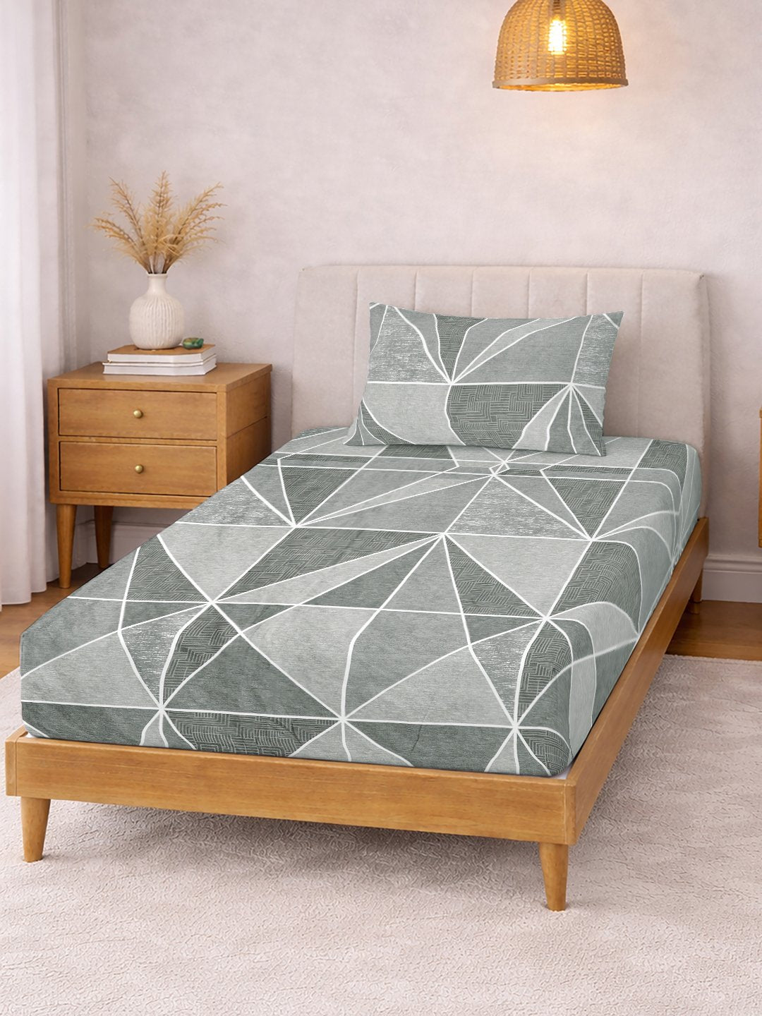 Grey Geometric Cotton Blend Fitted Single Bedsheet with Pillow Cover
