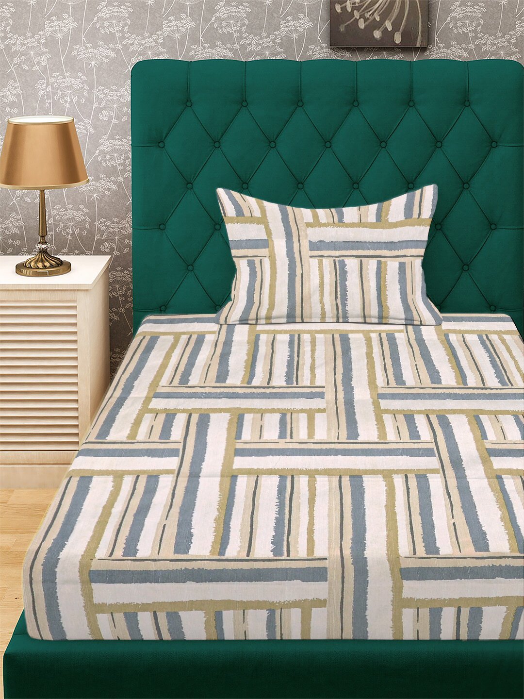 Multi Geometric 300 TC Cotton Blend Fitted Single Bedsheet with Pillow Cover