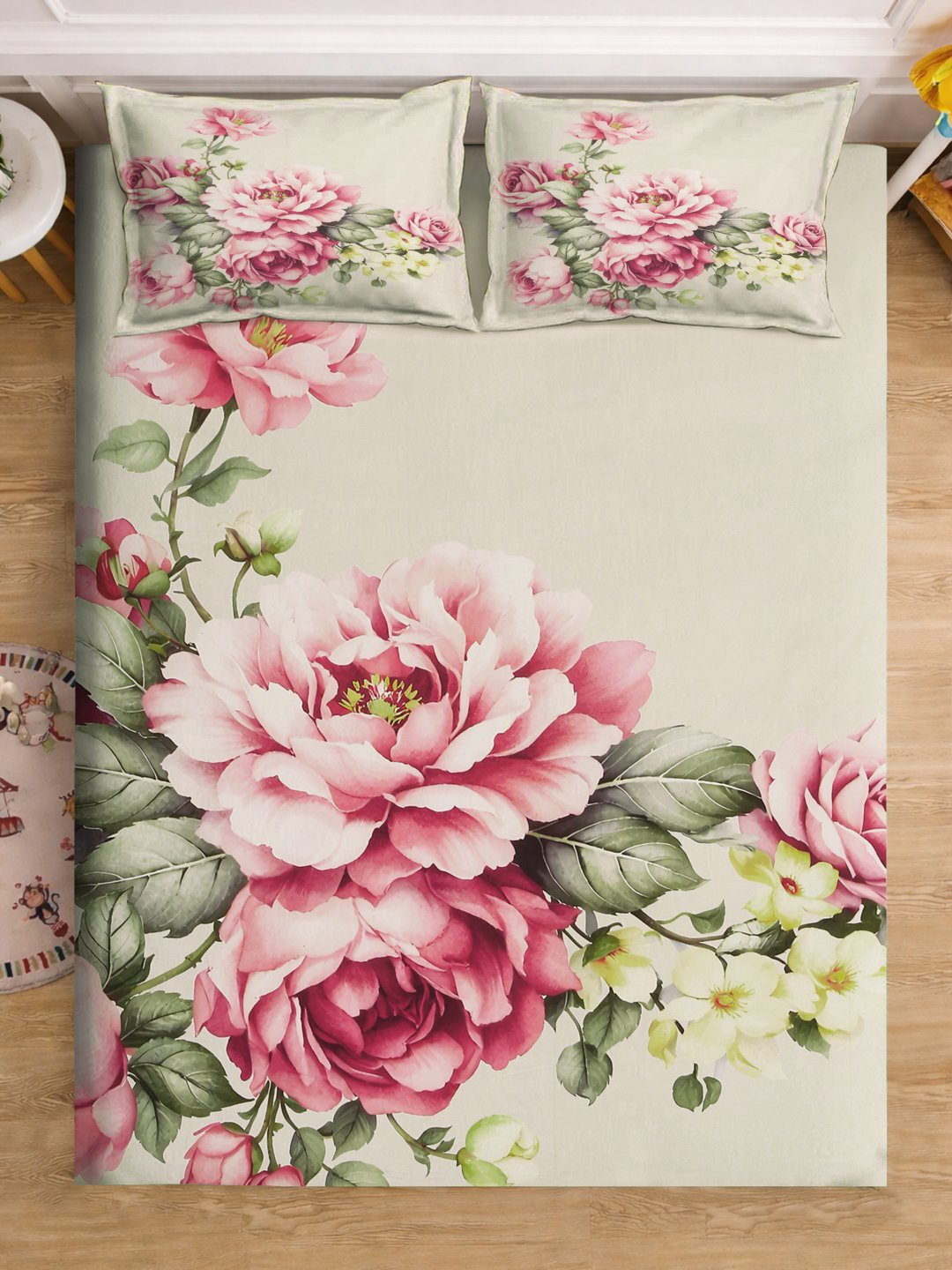 Beige Digital Floral Printed Cotton Blend Fitted Double Bedsheet with 2 Pillow Covers