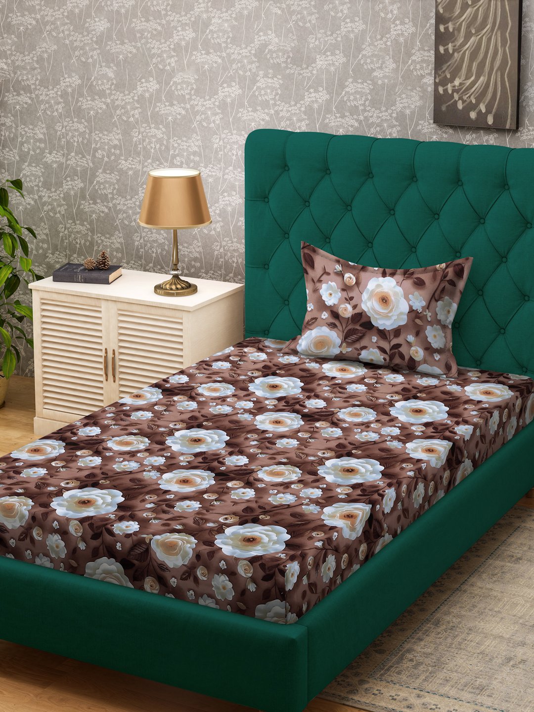 Brown Floral 7D Cotton Blend Single Bedsheet with Pillow Cover