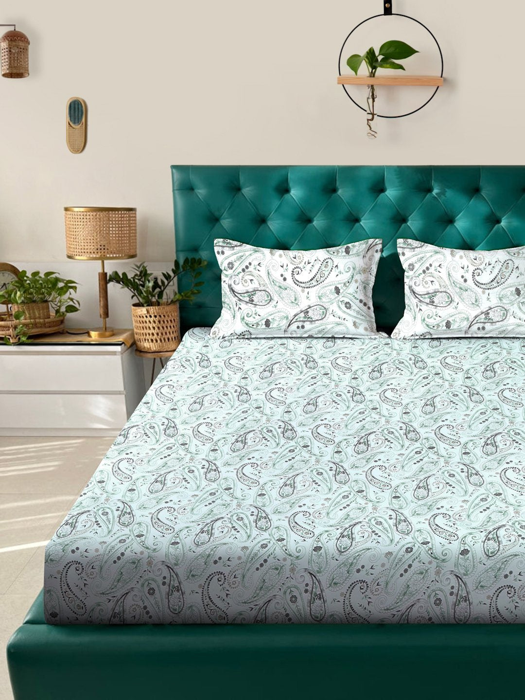 Green Floral 400 TC Pure Cotton Double Bedsheet with 2 Pillow Covers