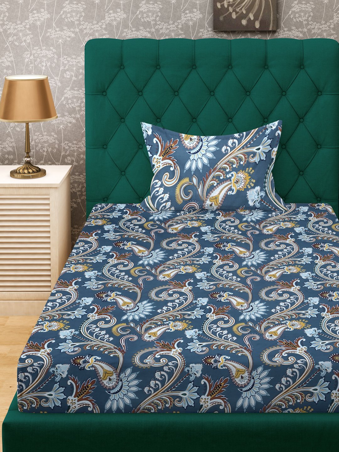 Blue Floral 300 TC Cotton Blend Fiited Single Bedsheet with Pillow Cover