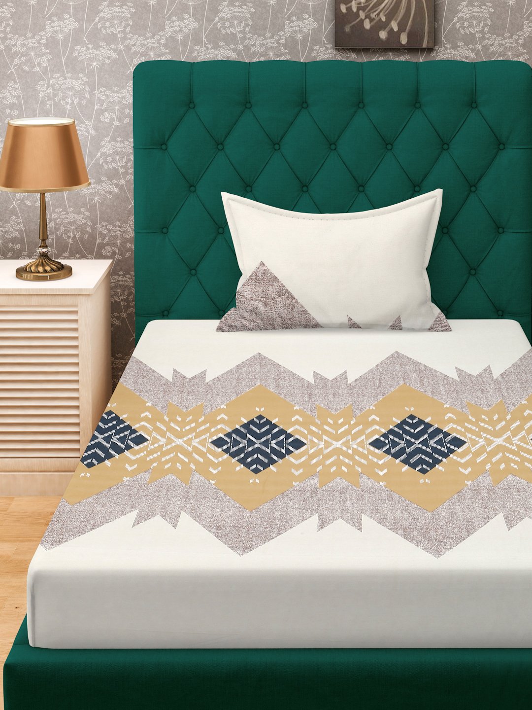 Multi Geometric 300 TC Cotton Blend Fitted Single Bedsheet Set in Book Fold Packing