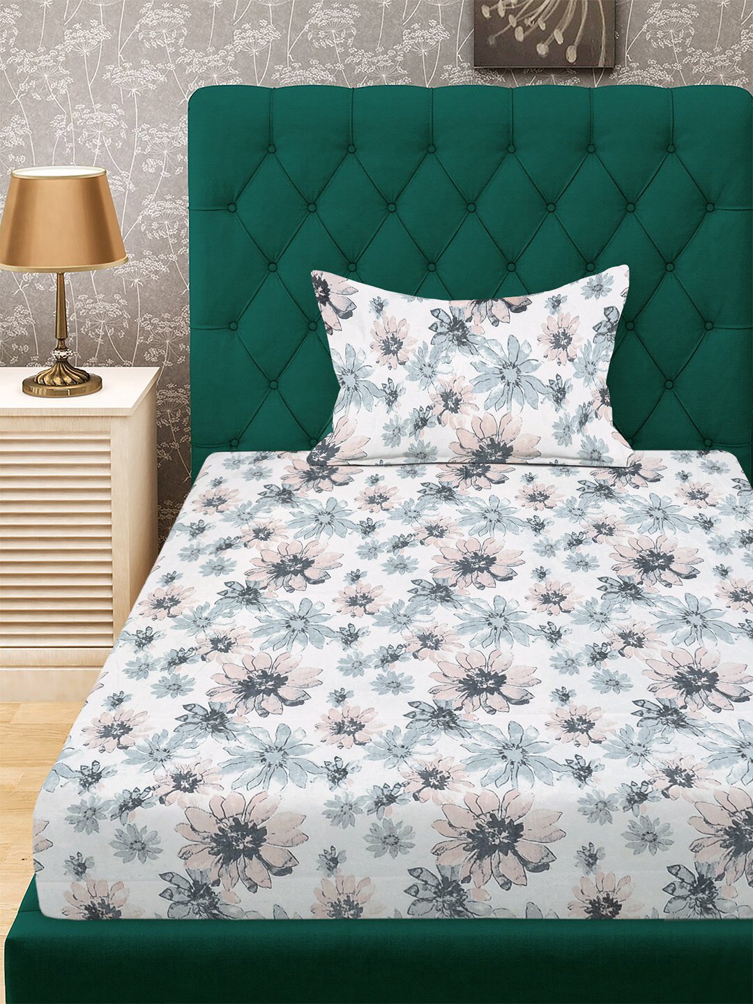 White Floral 300 TC Cotton Blend Fitted Single Bedsheet with Pillow Cover