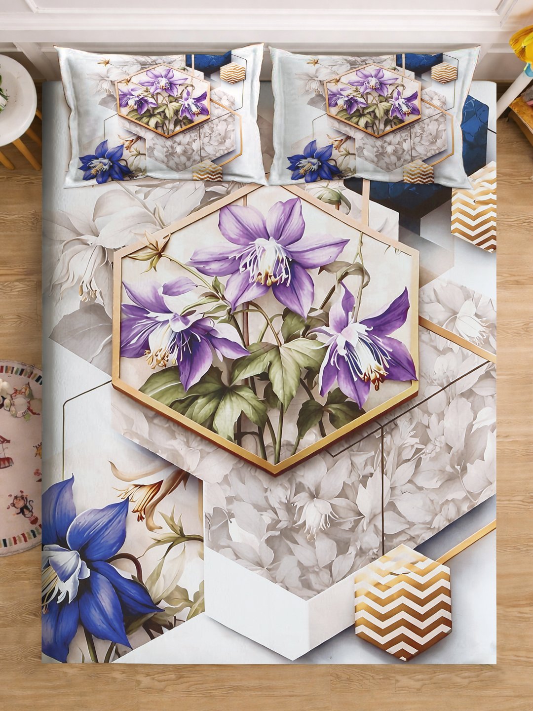 Multi Digital Floral Printed Cotton Blend Double Bedsheet with 2 Pillow Covers