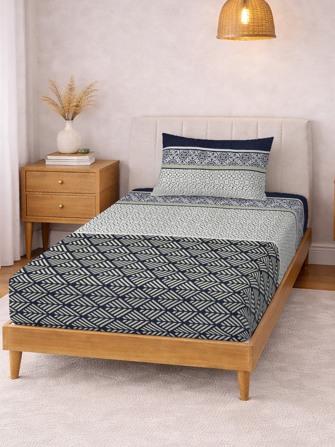 Multi Geometric Cotton Blend Fitted Single Bedsheet with Pillow Cover