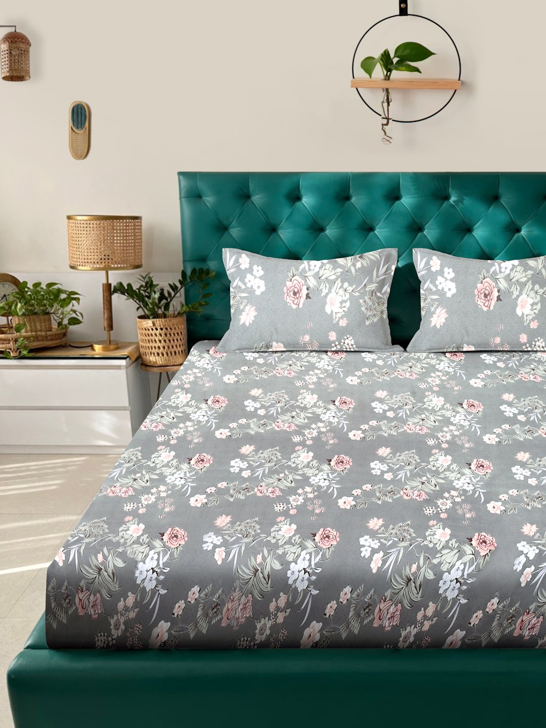 Grey Floral 300 TC Cotton Blend Fitted Double Bedsheet with 2 Pillow Covers