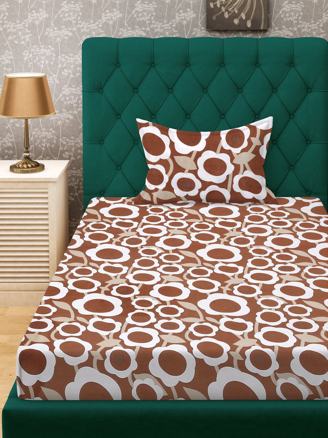 Rust Floral 300 TC Cotton Blend Fitted Single Bedsheet Set in Book Fold Packing