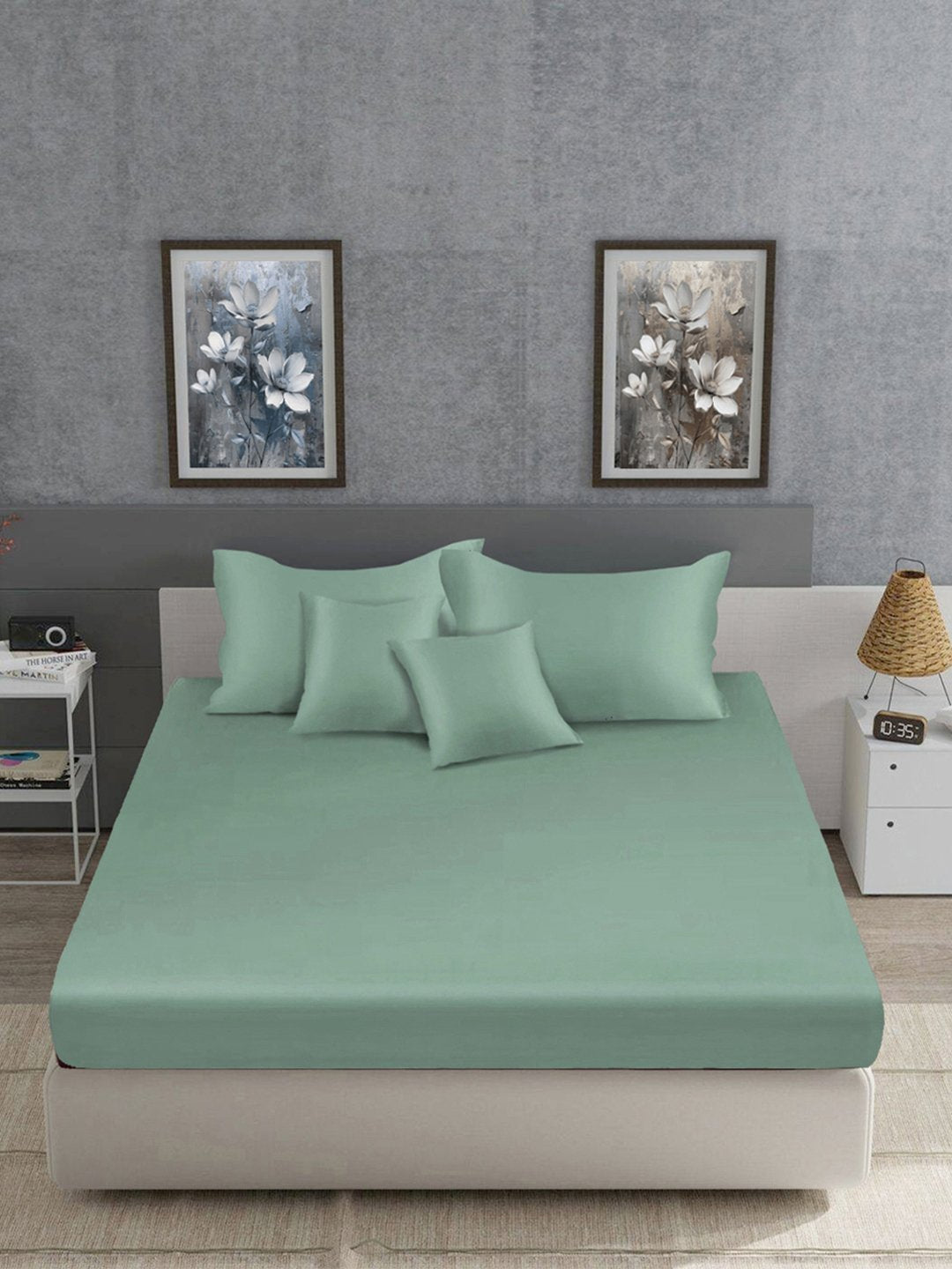 Green Solid 400 TC Satin Super King Double Bedsheet with 2 Pillow Covers & 2 Cushion Covers