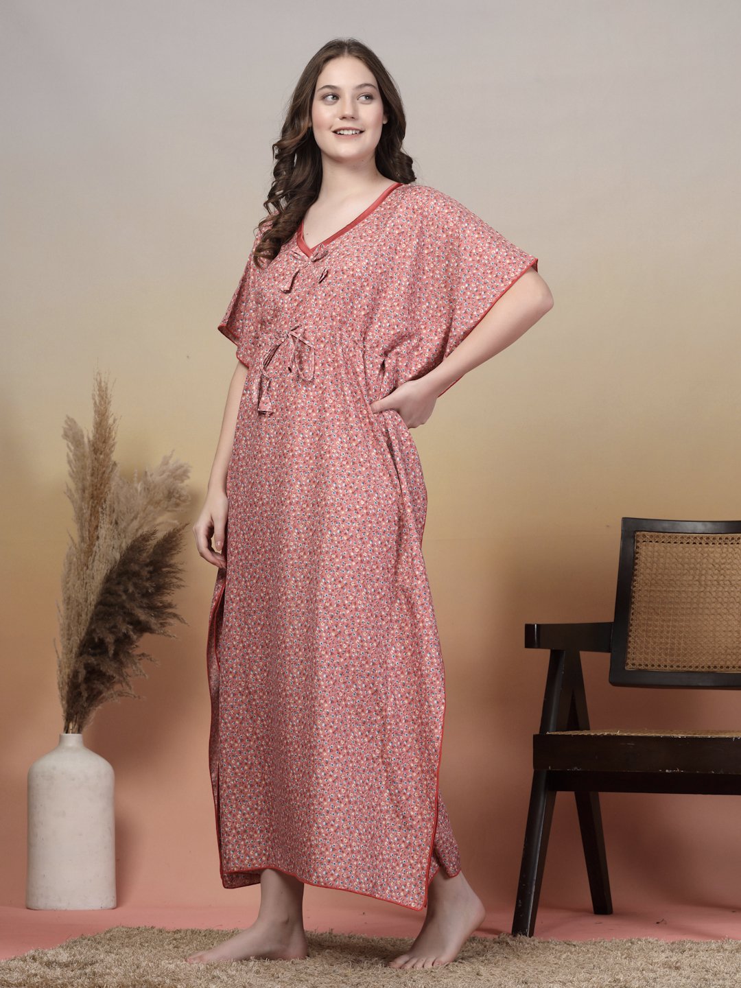 Red Floral Cotton Blend Kaftan Maxi Nightdress