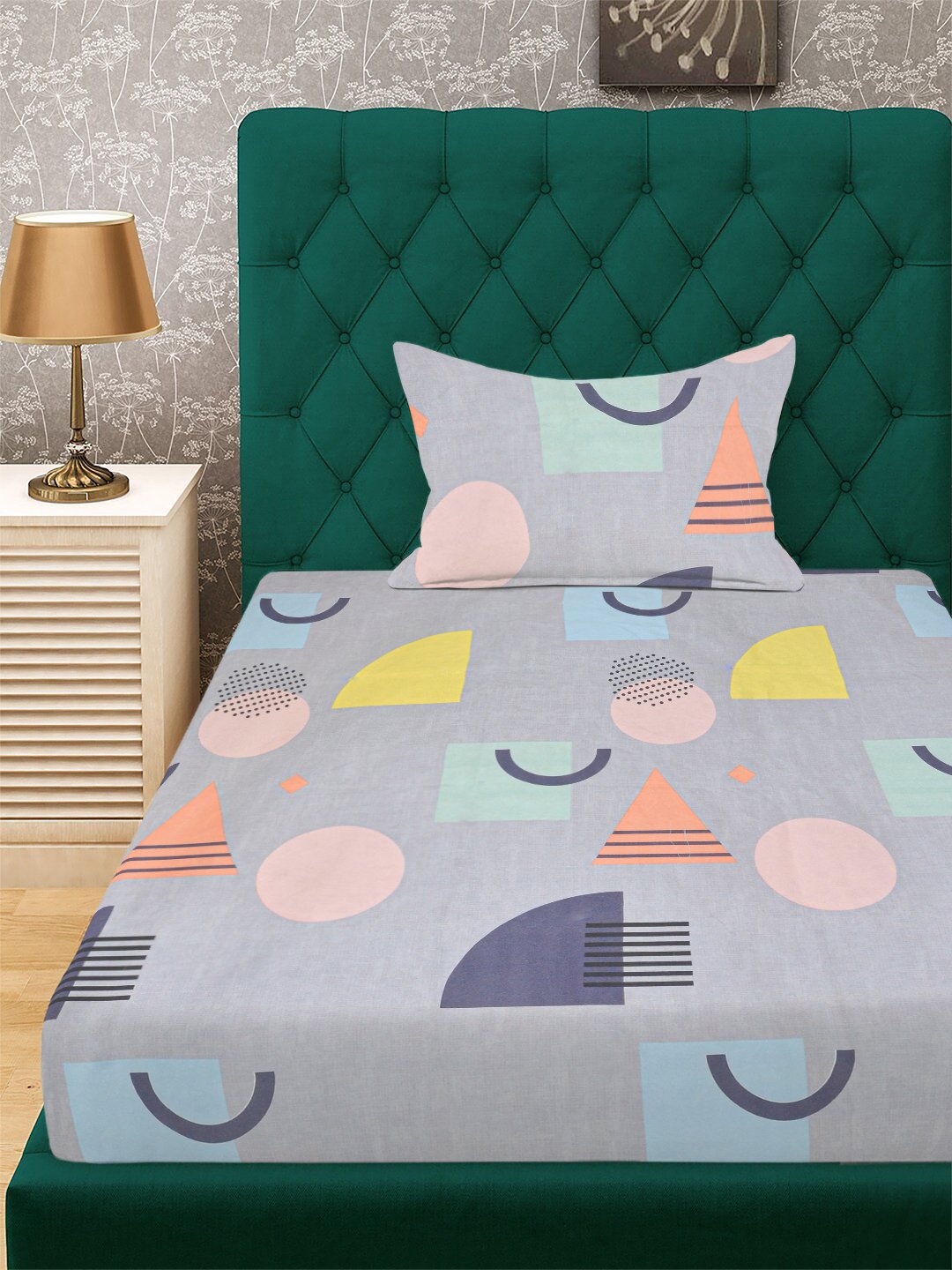 Grey Geometric 300 TC Cotton Blend Fitted Single Bedsheet with Pillow Cover