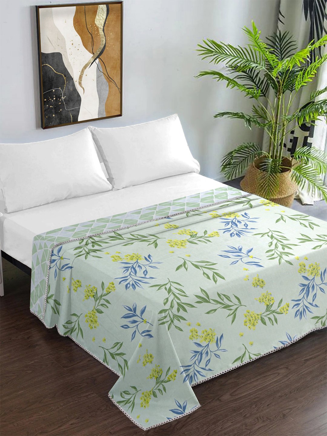 Green Cotton Blend Floral Double Bed Dohar