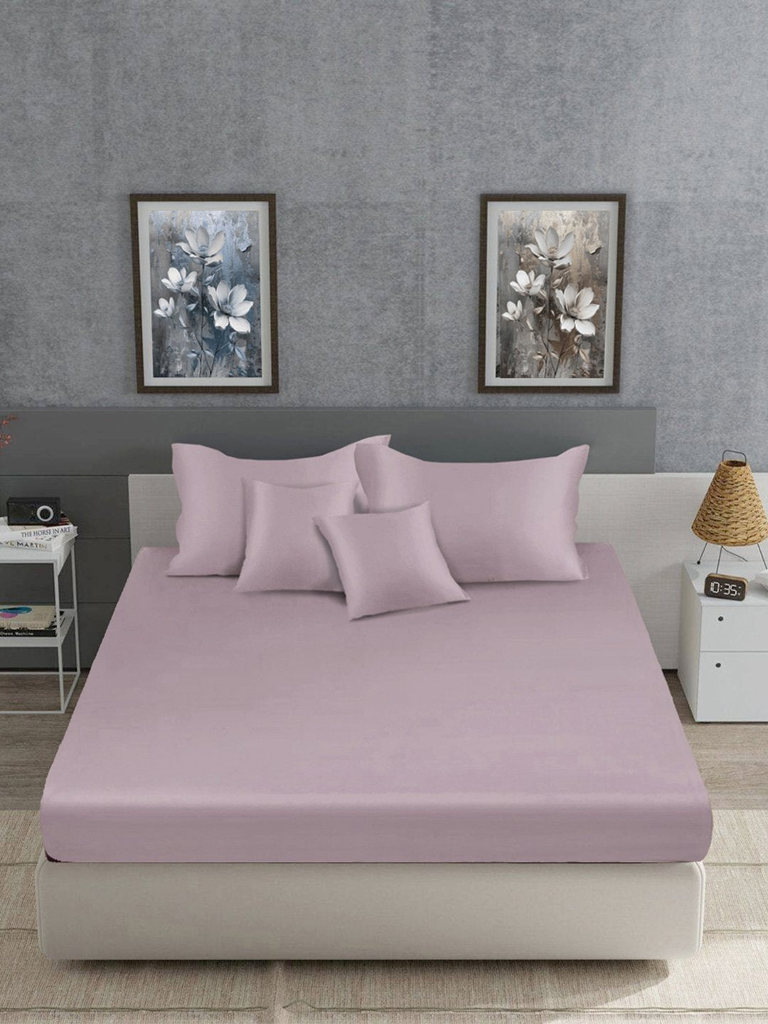 LightPink Solid 400 TC Satin Fitted Super King Double Bedsheet with 2 Pillow Covers & 2 Cushion Covers