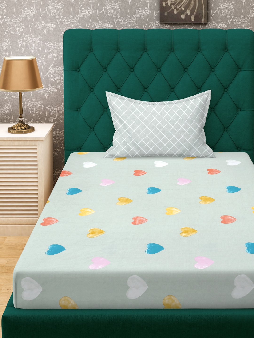 Green Abstract 300 TC Cotton Blend Fitted Single Bedsheet with Pillow Cover
