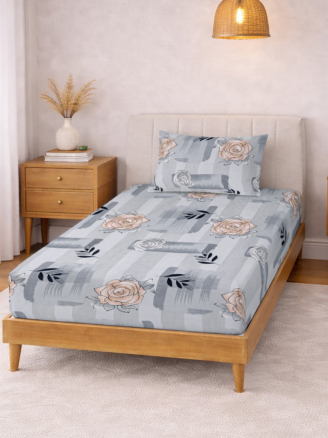 Grey Floral Cotton Blend Fitted Single Bedsheet with Pillow Cover