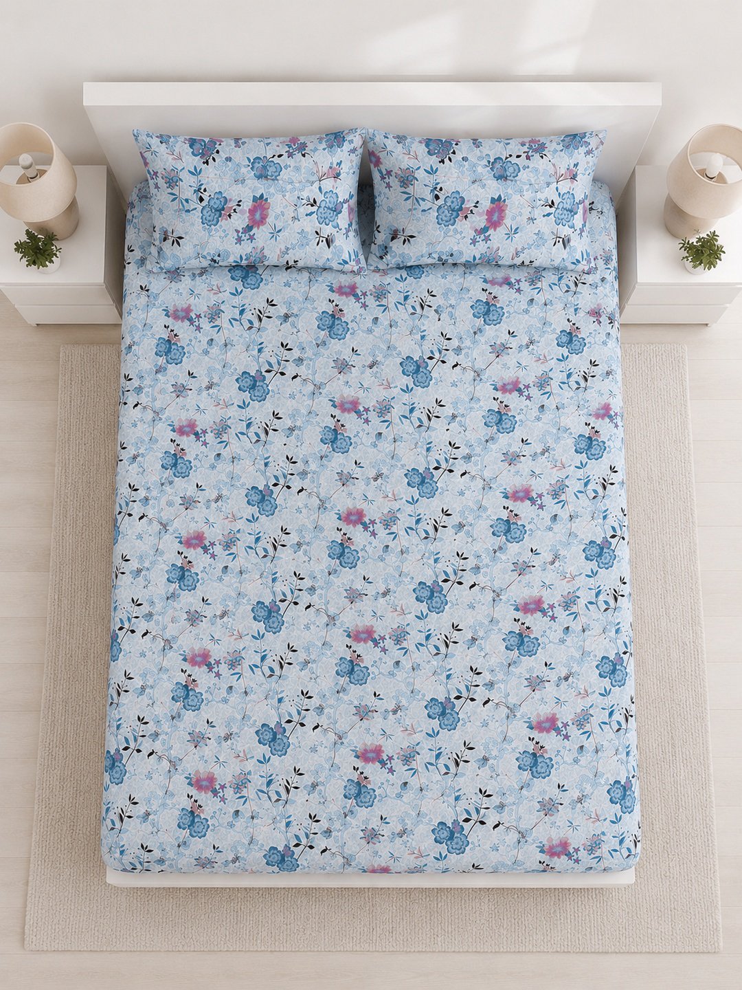 Blue Floral Cotton Blend Fitted Double Bedsheet with 2 Pillow Covers