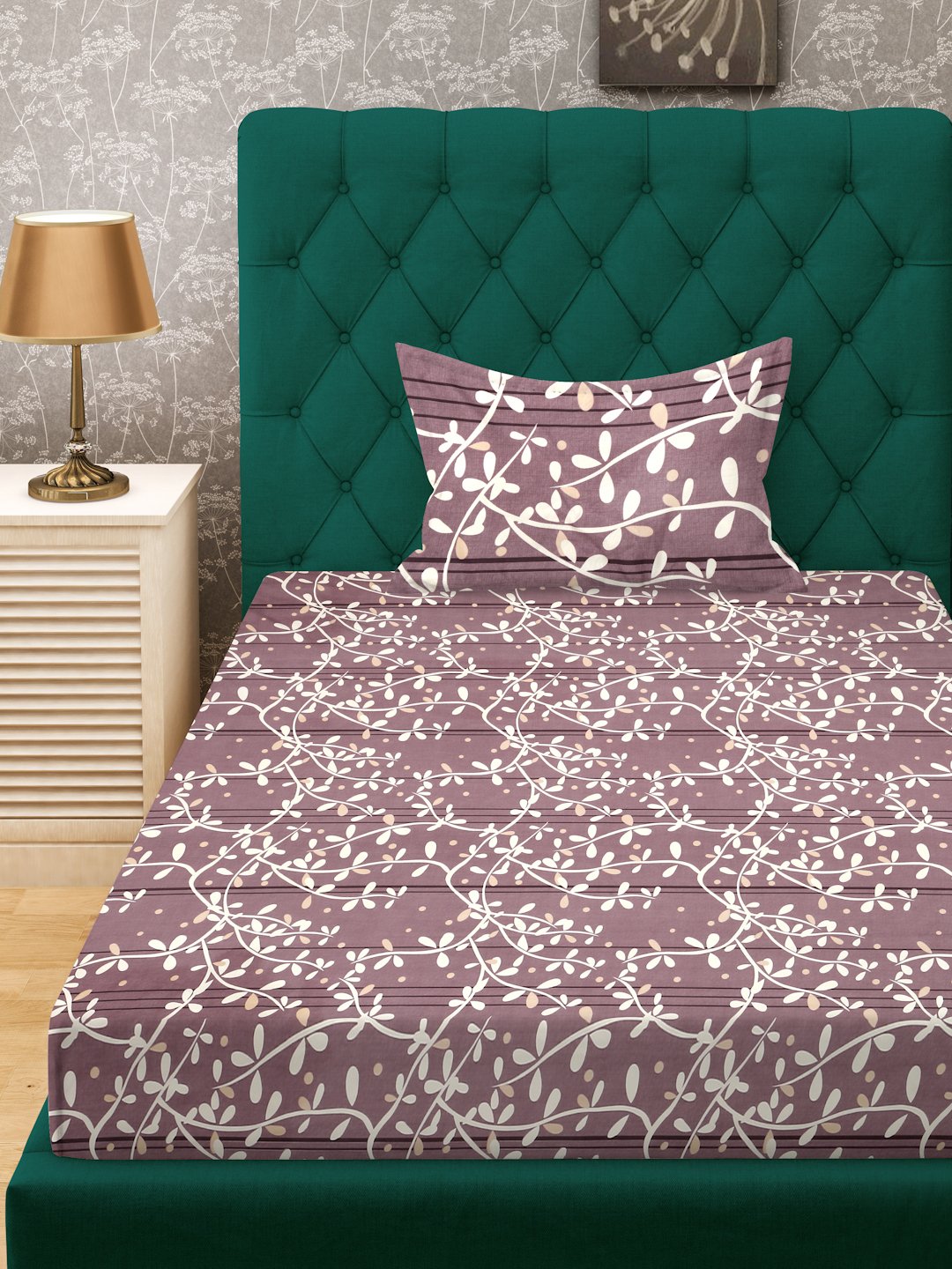 Purple Floral 300 TC Cotton Blend Fitted Single Bedsheet in Book Fold Packing