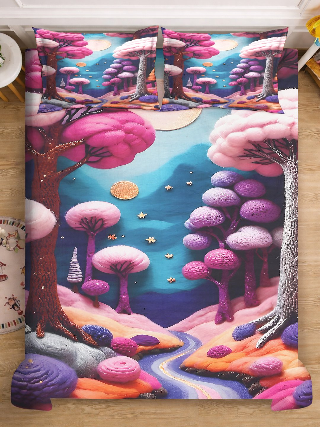 Purple 7D Floral Printed Cotton Blend Double Bedsheet with 2 Pillow Covers