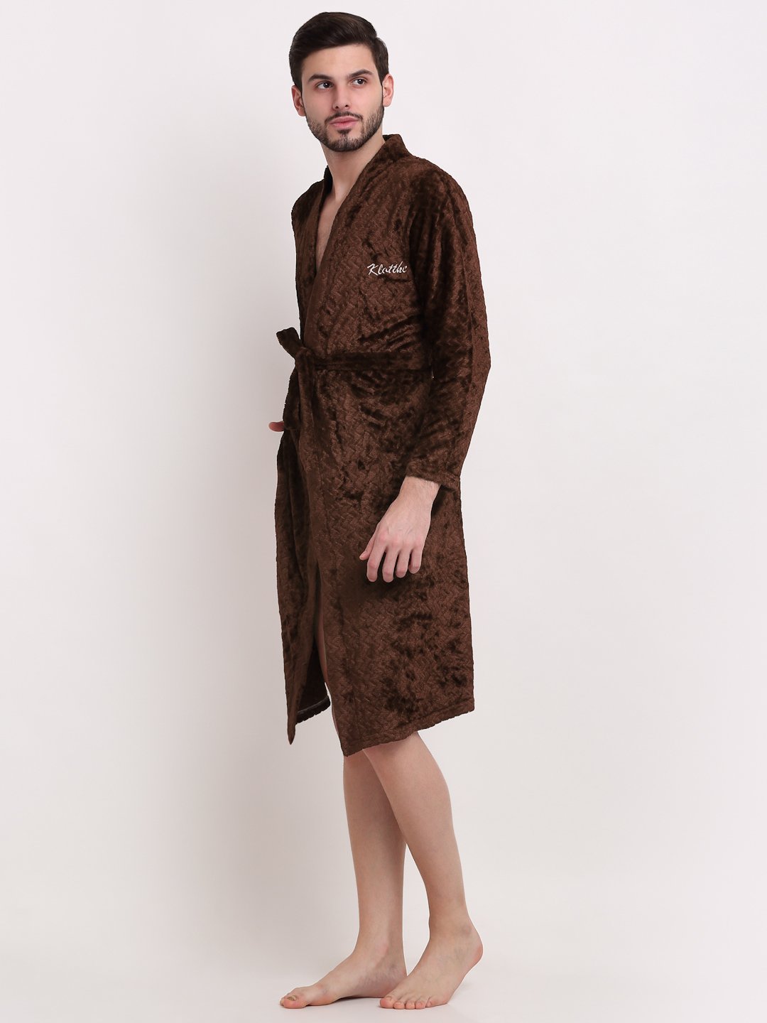 Men DarkBrown Self Design Wool Bath Robe With Belt