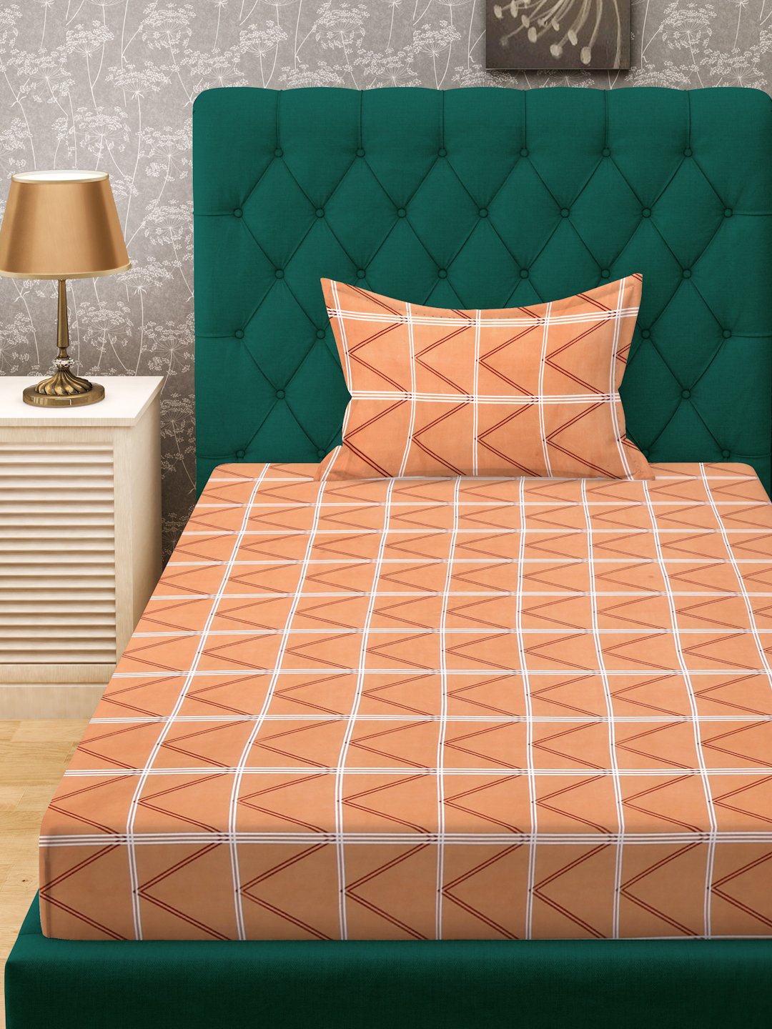 Orange Geometric 300 TC Cotton Blend Single Bedsheet in Book Fold Packing