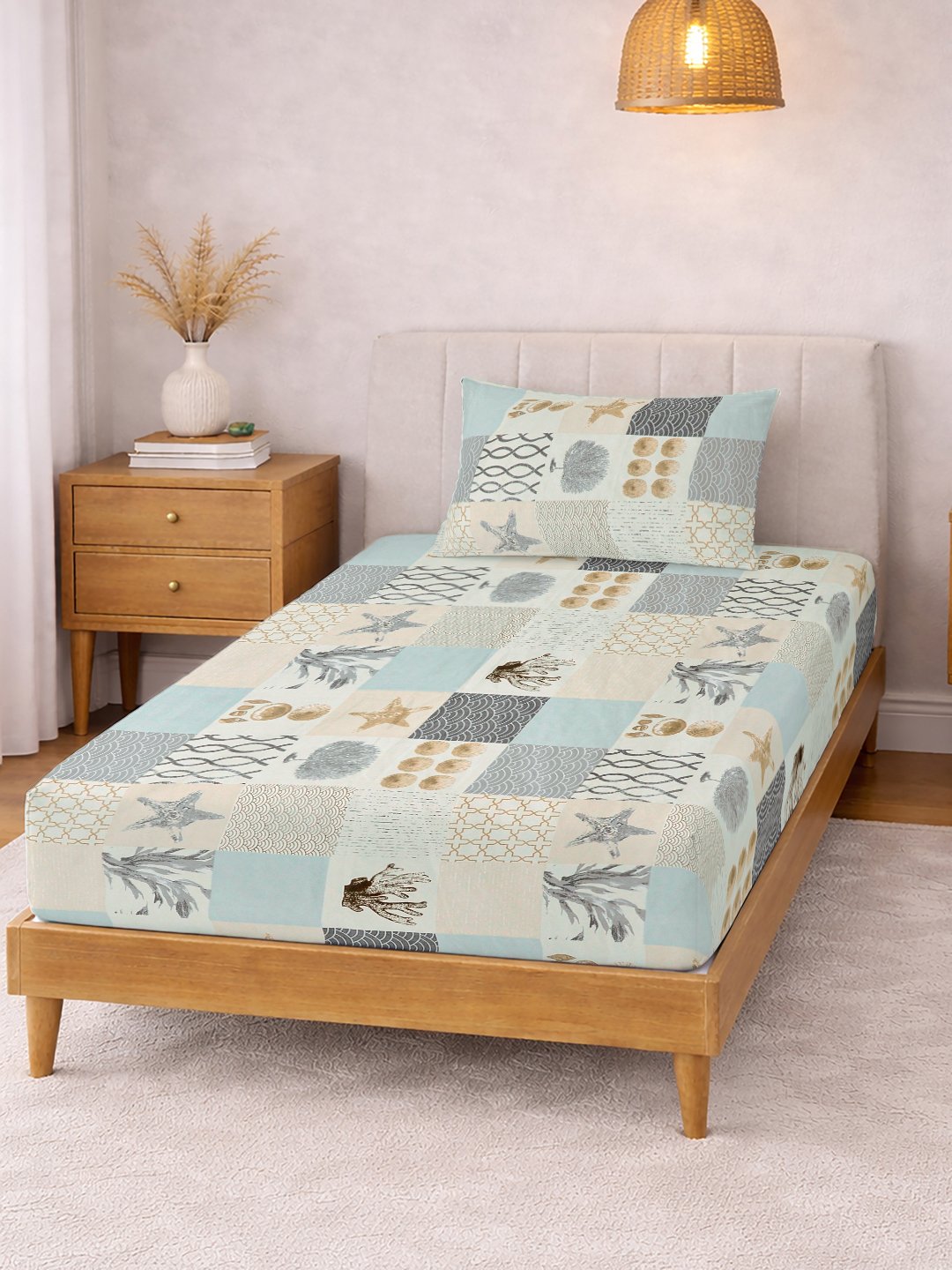 Multi Geometric Cotton Blend Single Bedsheet with Pillow Cover