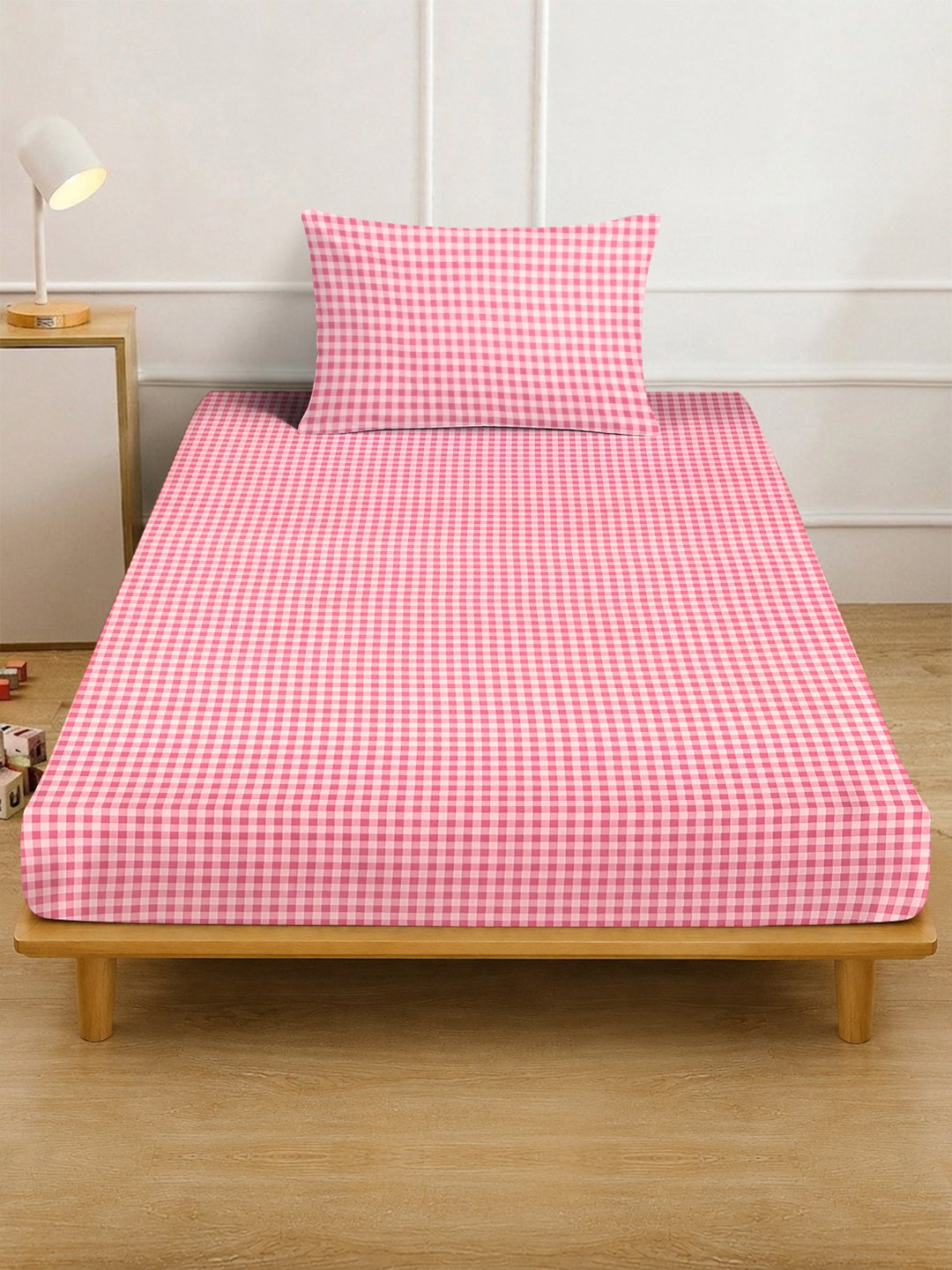 Red Checked Cotton Blend Single Bedsheet with Pillow Cover