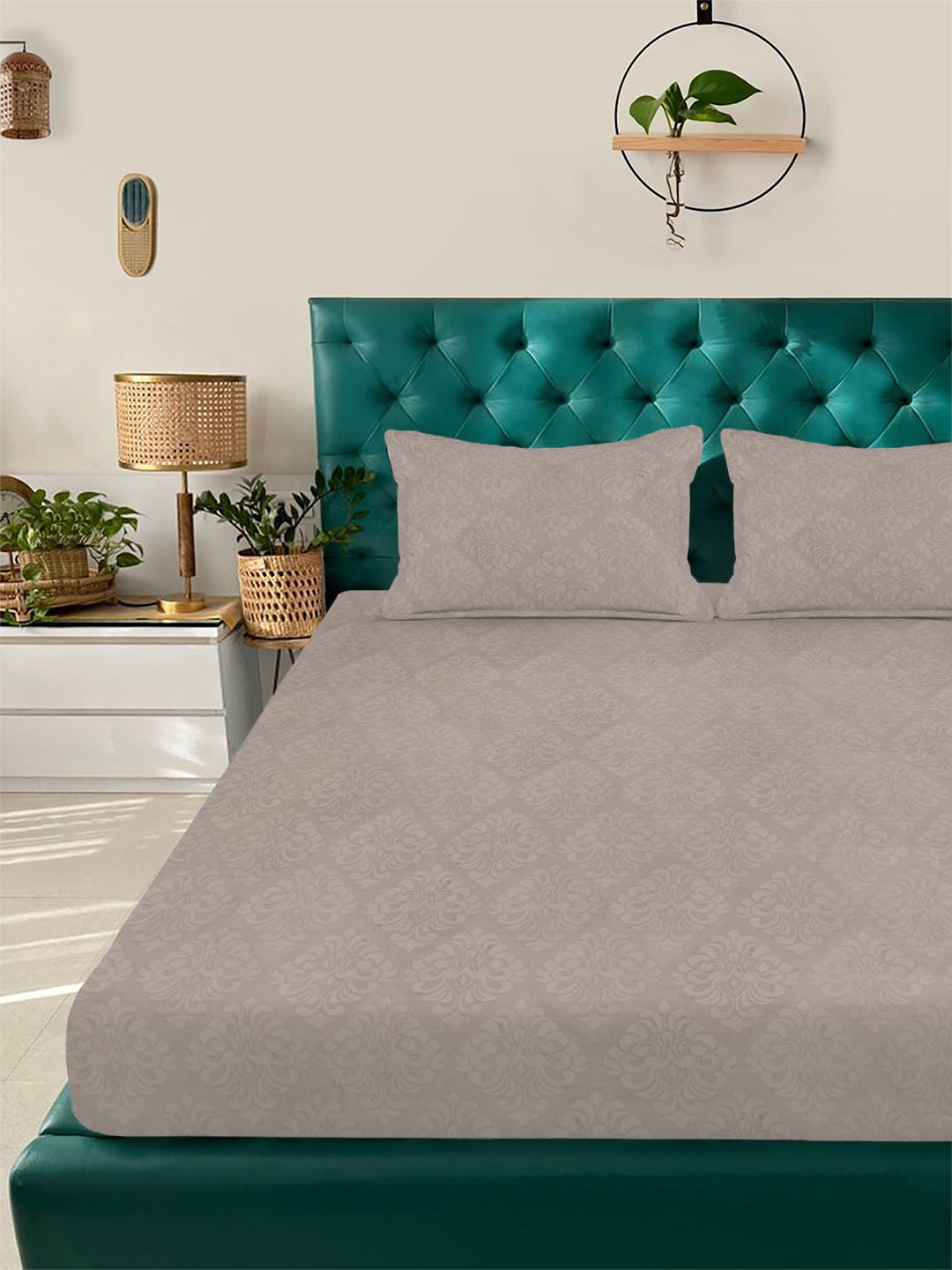 Beige Floral Embossed Cotton Blend Fitted Double Bedsheet with 2 Pillow Covers