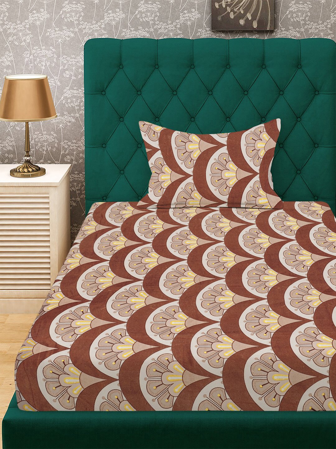 Brown Floral 300 TC Cotton Blend Fitted Single Bedsheet with Pillow Cover