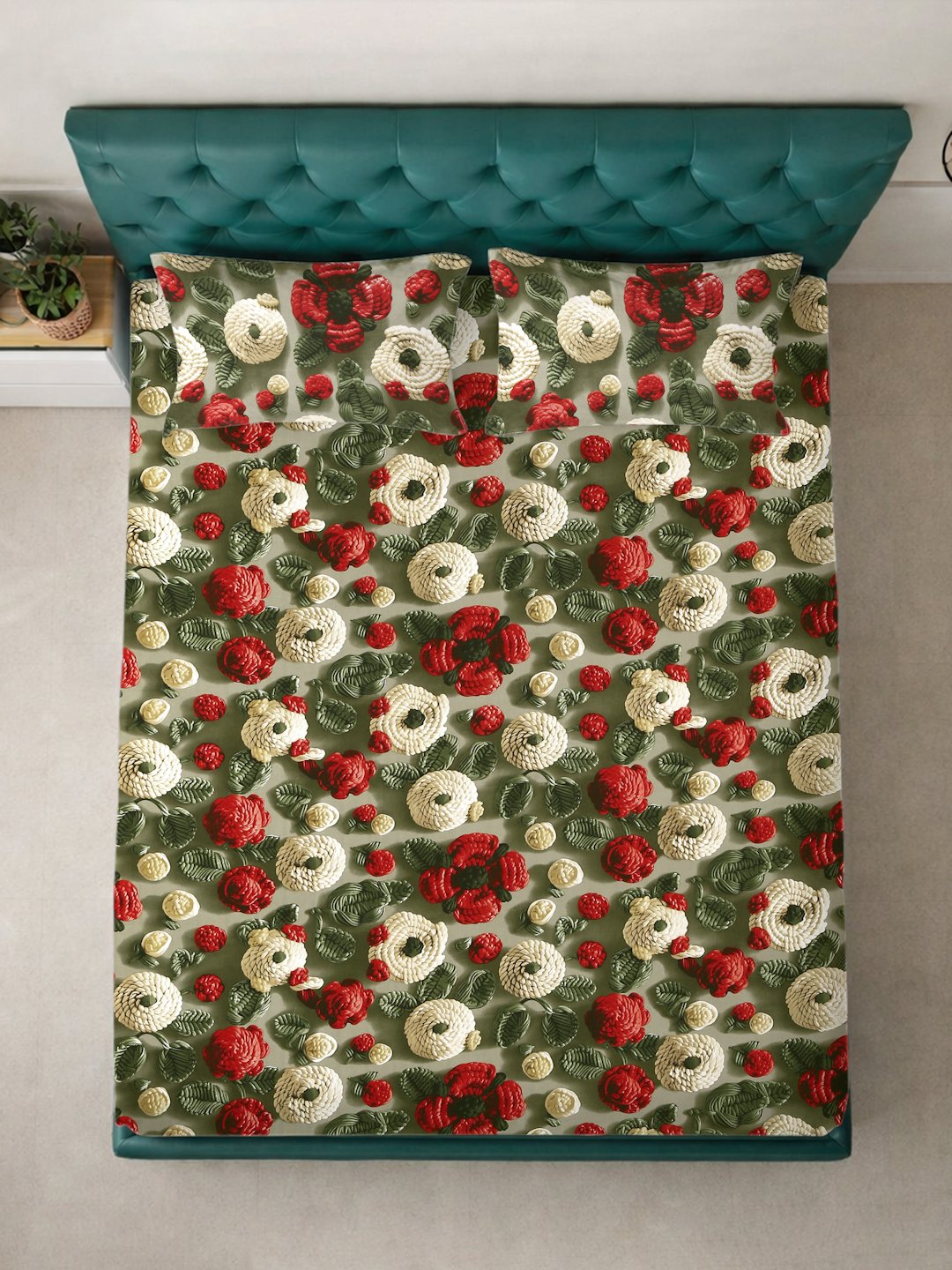 Green Floral 7D King Size Cotton Blend Fitted Double Bedsheet with 2 Pillow Covers