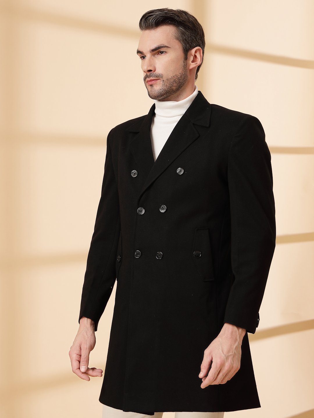 Black Long Sleeve Double-Breasted Woolen Coat
