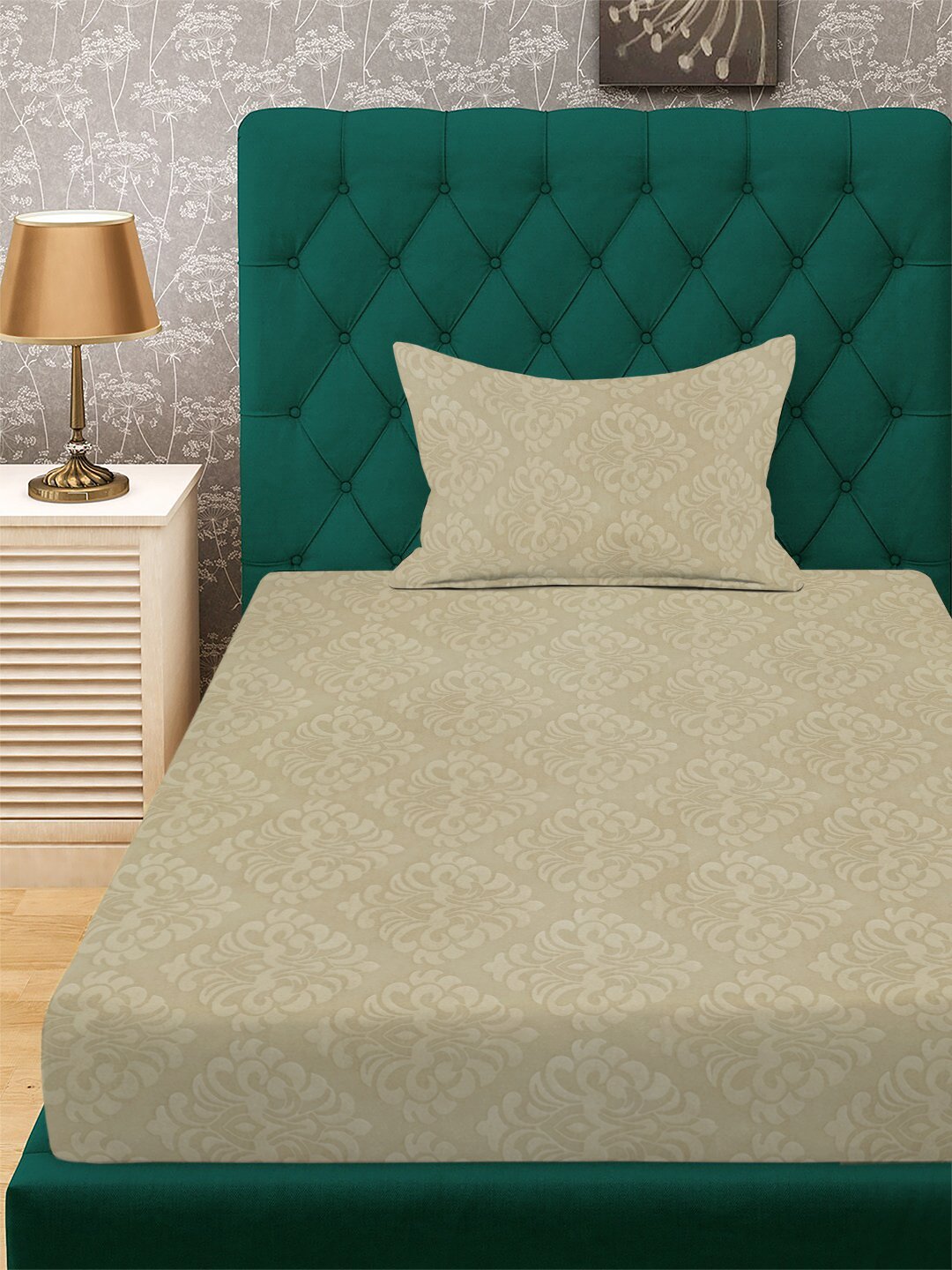 Beige Floral Embossed Cotton Blend Fitted Single Bedsheet with Pillow Cover