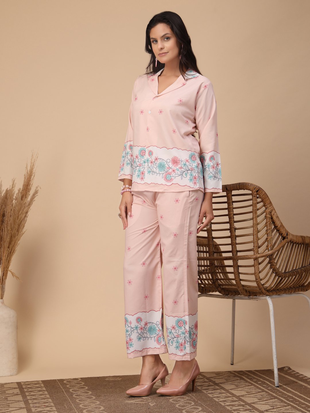 Pink Cotton Printed Shirt With Trousers Co-Ords Set