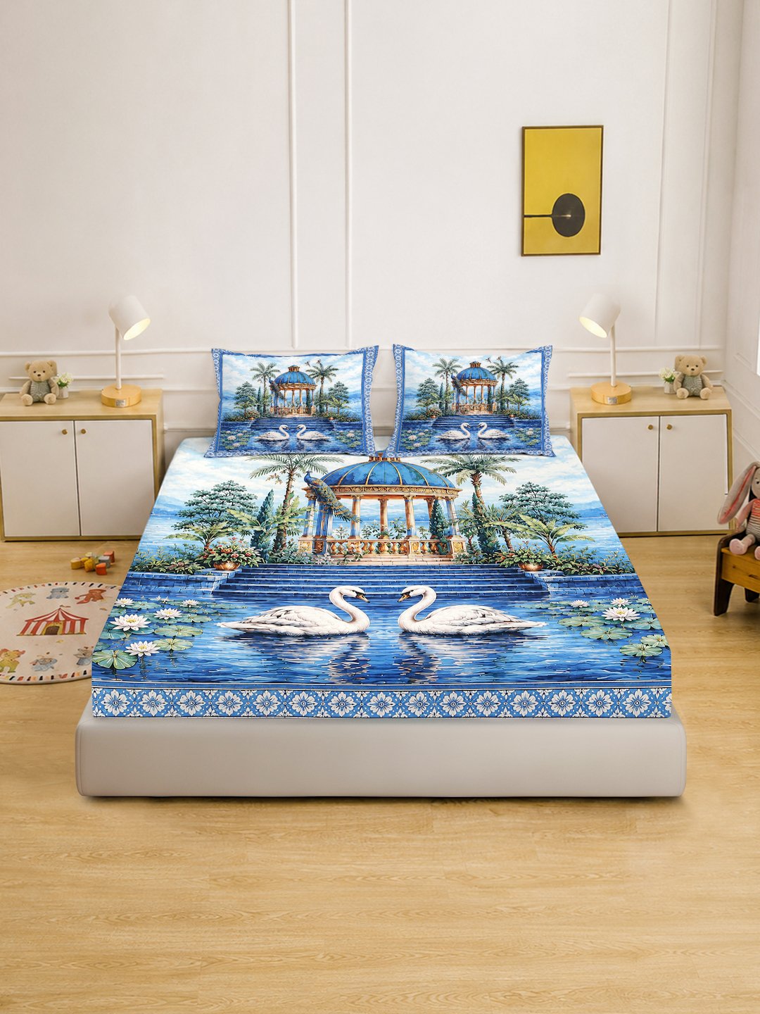 Digital Printed Blue Floral Cotton Blend Double Bedsheet with 2 Pillow Covers