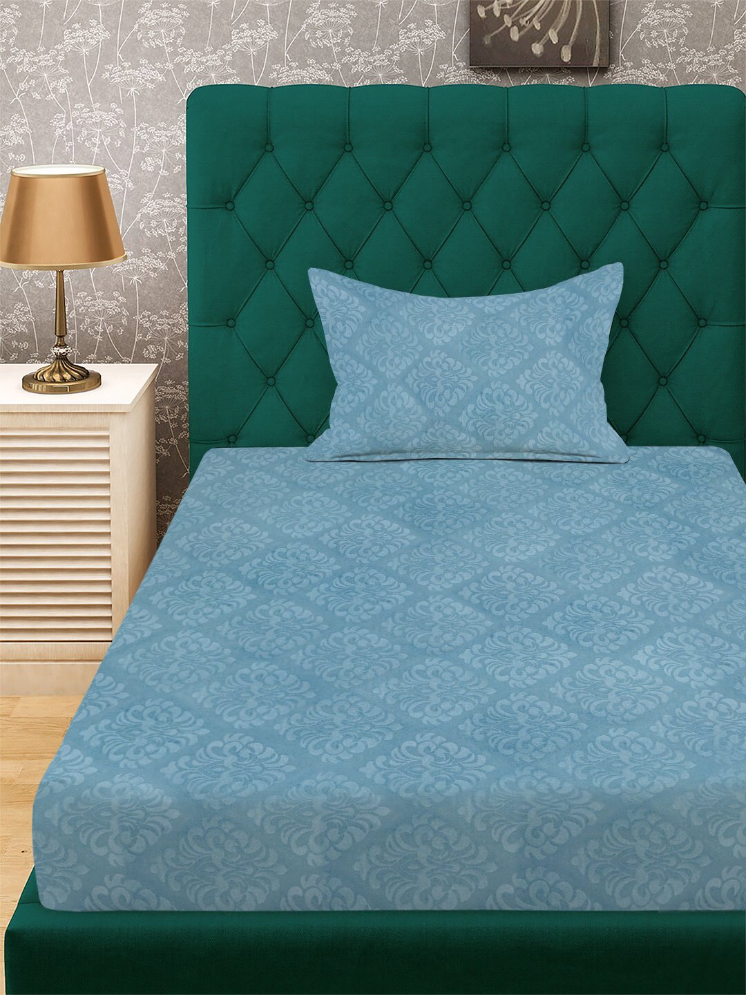 Turquoise Floral Embossed Cotton Blend Single Bedsheet with Pillow Cover