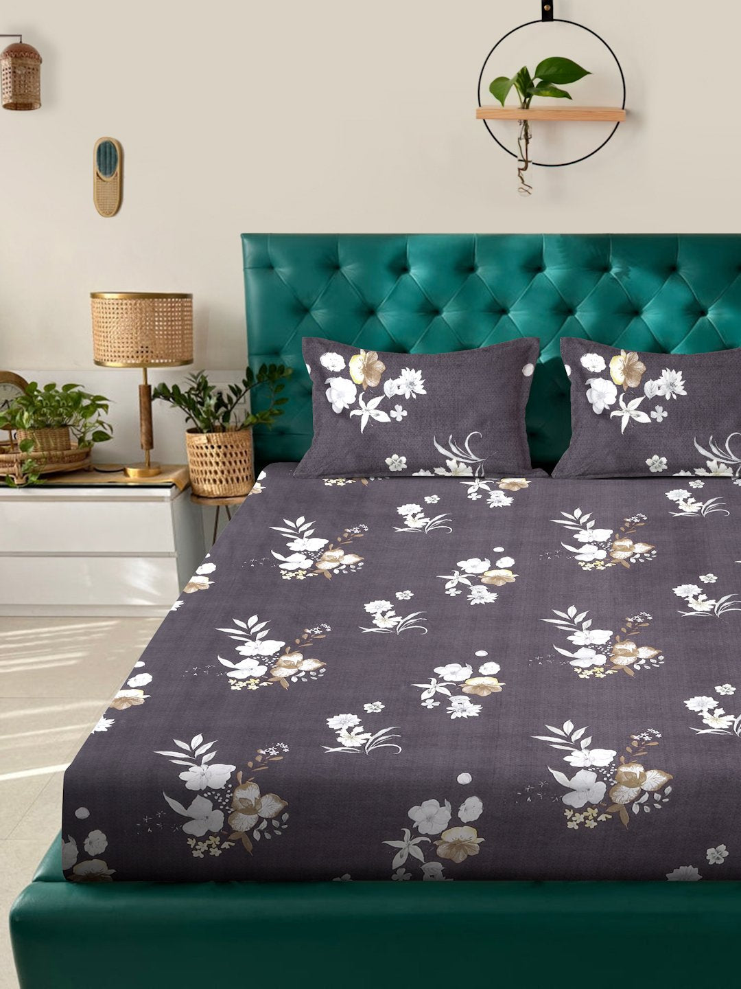 Brown Floral  300 TC Cotton Blend Double Bedsheet in Book Fold Packing