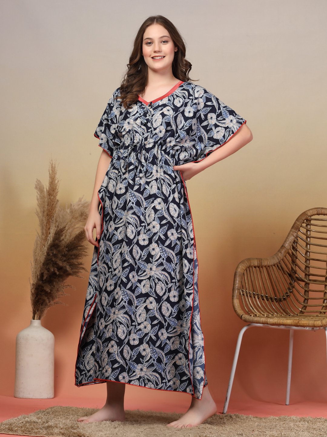 NavyBlue Floral Cotton Blend Kaftan Maxi Nightdress