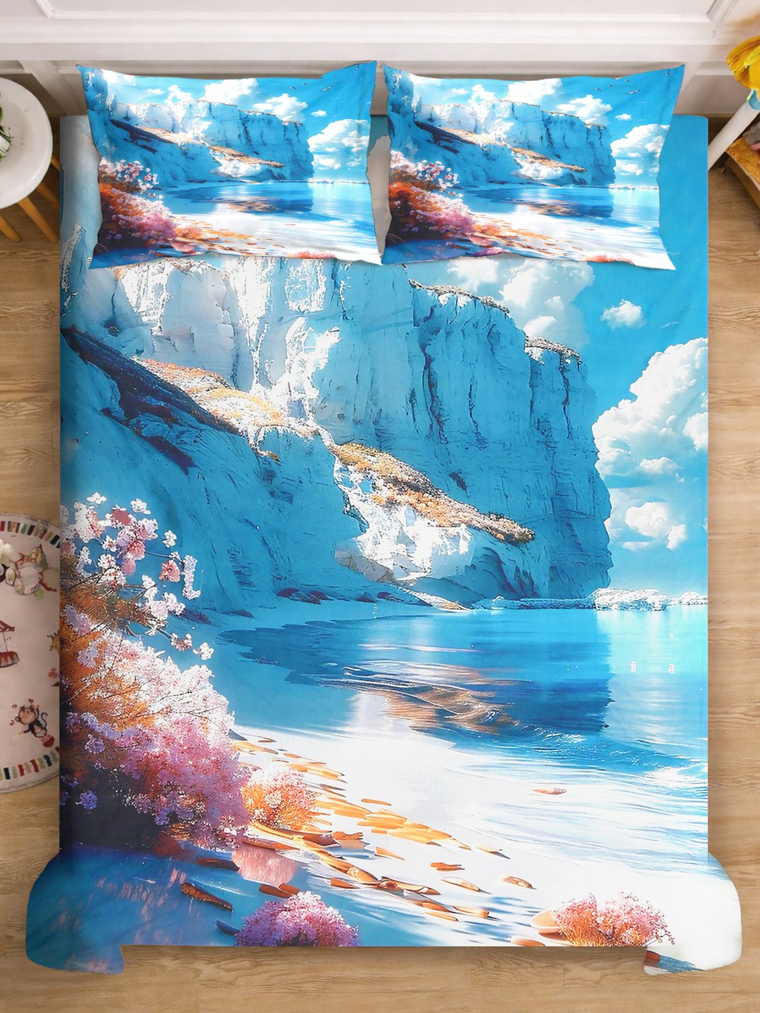 Blue 7D Floral Printed Fitted Cotton Blend Double Bedsheet with 2 Pillow Covers