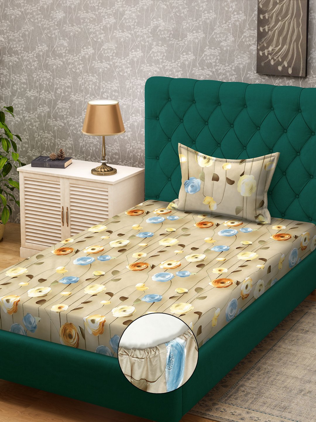 Beige Floral 7D Cotton Blend Fitted Single Bedsheet with Pillow Cover